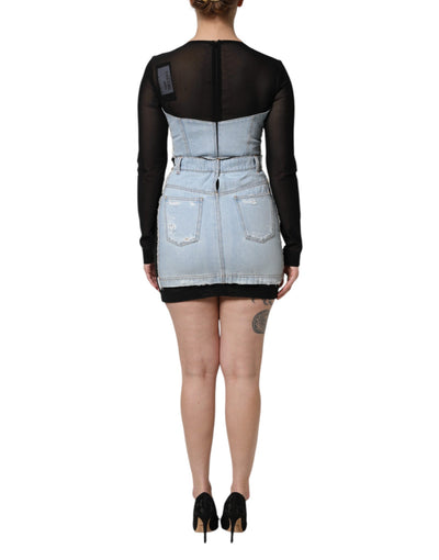 Dolce &amp; Gabbana zwartblauwe denim minijurk met lange mouwen