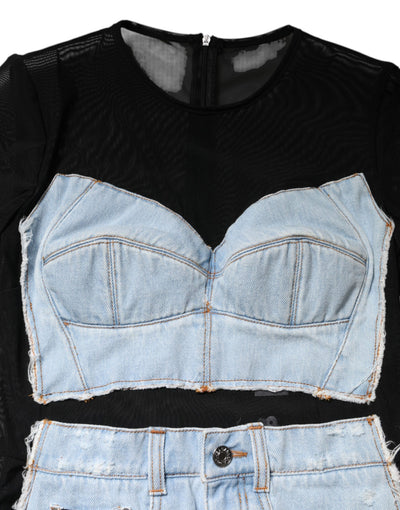 Dolce &amp; Gabbana zwartblauwe denim minijurk met lange mouwen