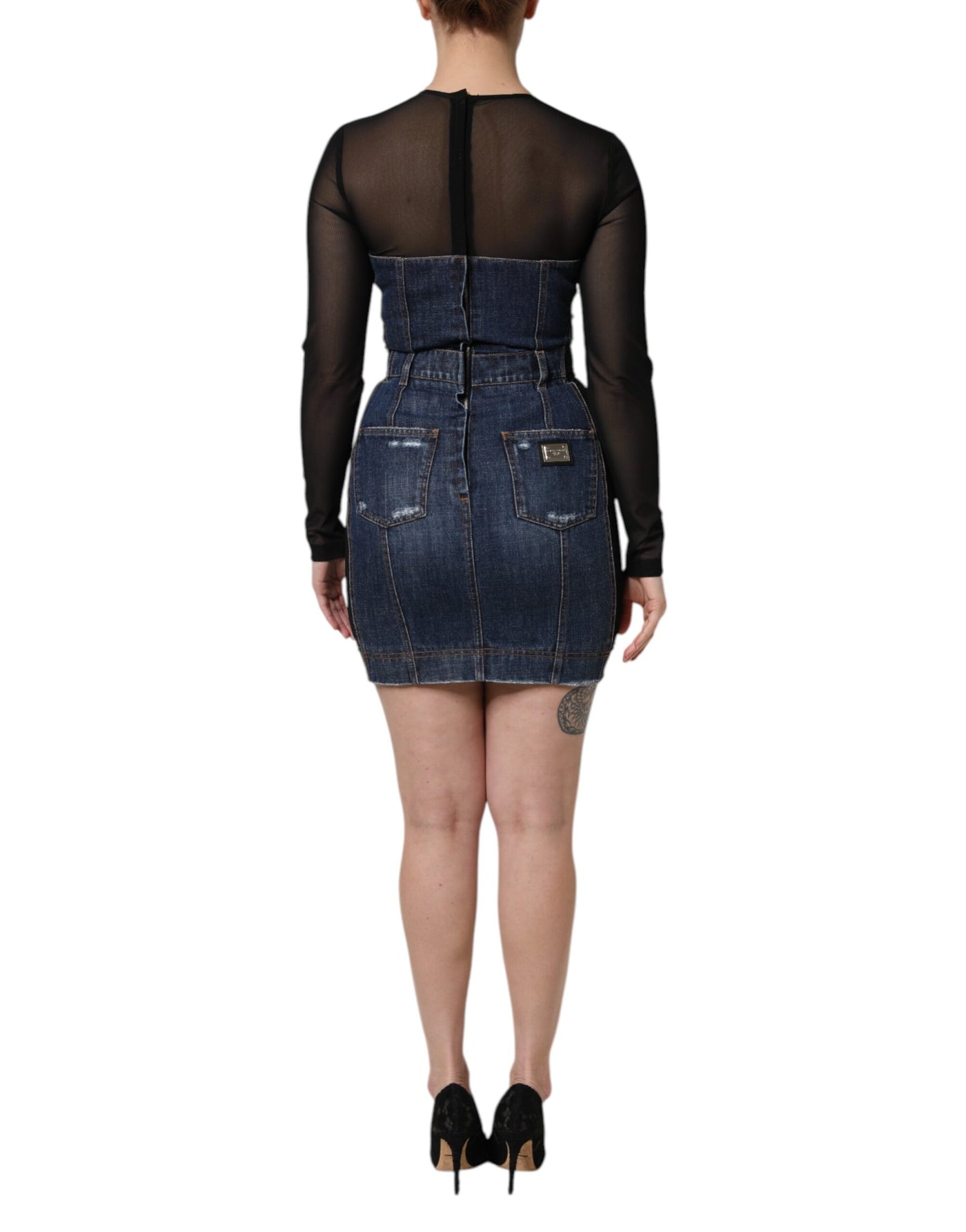 Dolce &amp; Gabbana zwartblauwe denim minijurk met lange mouwen