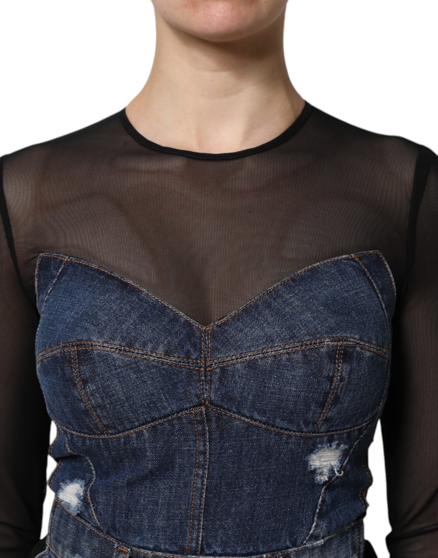 Dolce &amp; Gabbana zwartblauwe denim minijurk met lange mouwen