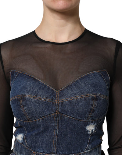 Dolce &amp; Gabbana zwartblauwe denim minijurk met lange mouwen