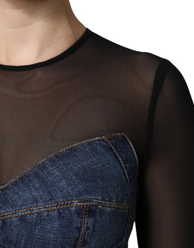 Dolce &amp; Gabbana zwartblauwe denim minijurk met lange mouwen