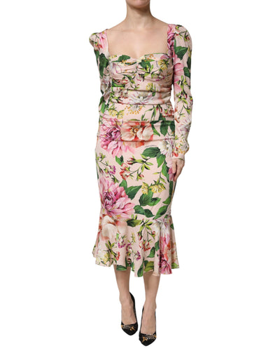 Dolce &amp; Gabbana roze zijden midi-jurk met bloemenprint en uitlopende mouwen