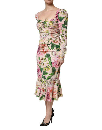 Dolce &amp; Gabbana roze zijden midi-jurk met bloemenprint en uitlopende mouwen