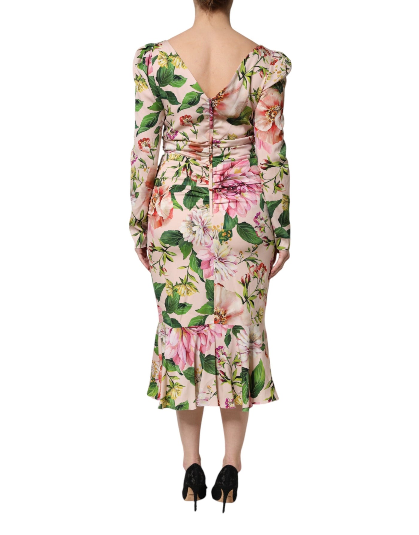 Dolce &amp; Gabbana roze zijden midi-jurk met bloemenprint en uitlopende mouwen