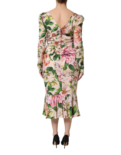 Dolce &amp; Gabbana roze zijden midi-jurk met bloemenprint en uitlopende mouwen