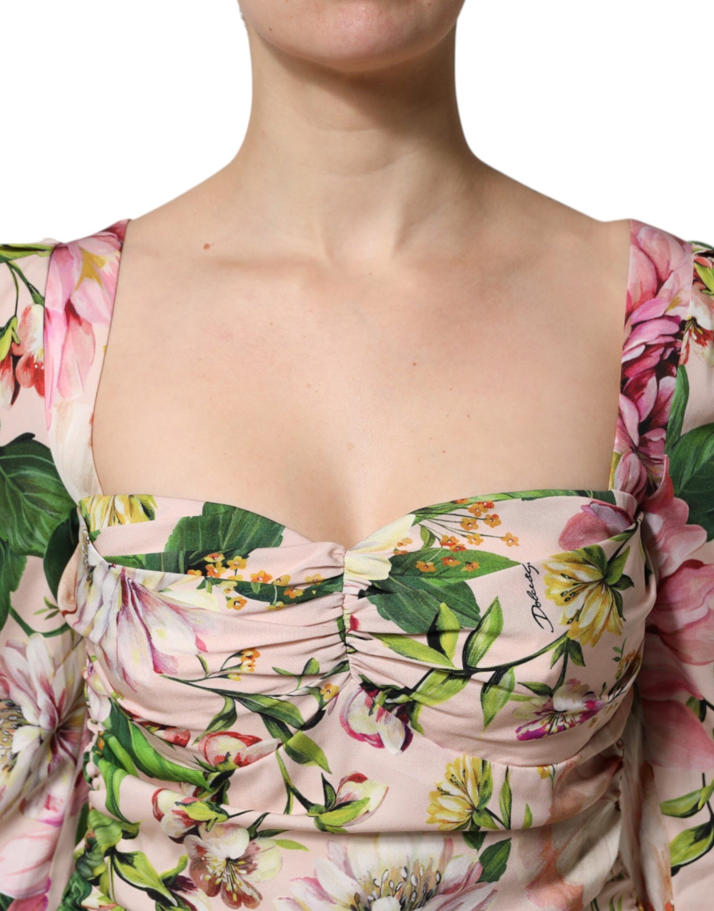 Dolce &amp; Gabbana roze zijden midi-jurk met bloemenprint en uitlopende mouwen