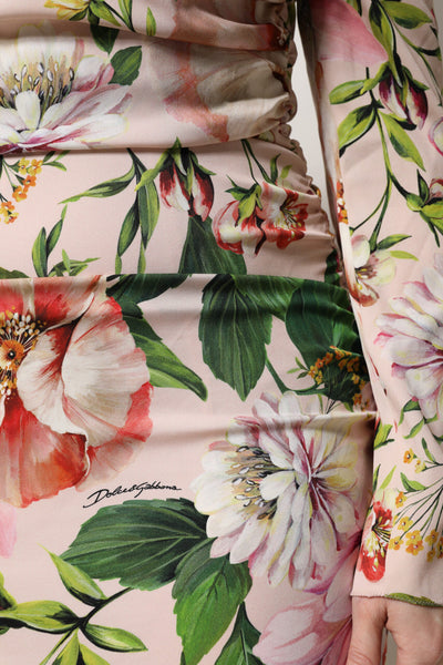 Dolce &amp; Gabbana roze zijden midi-jurk met bloemenprint en uitlopende mouwen