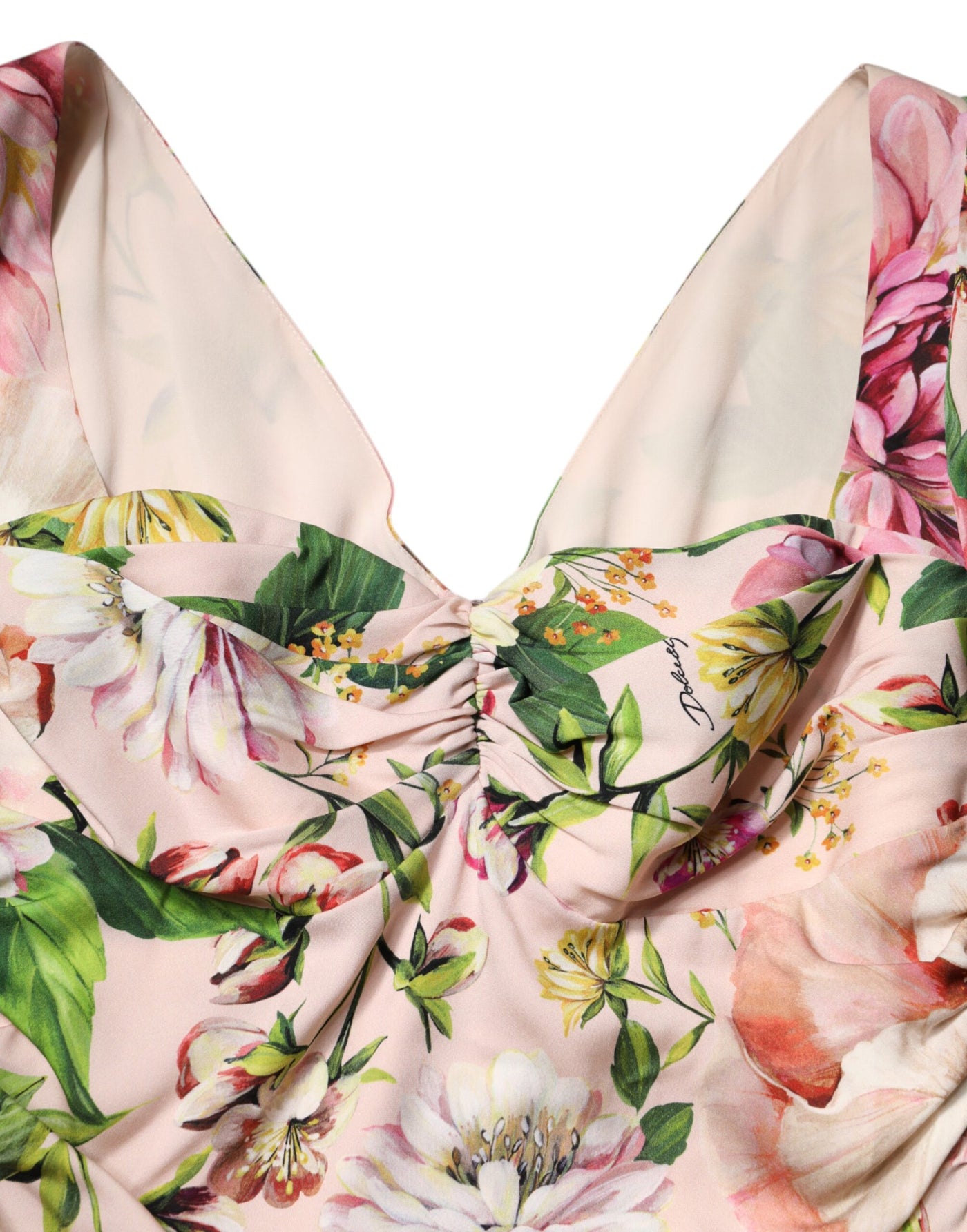 Dolce &amp; Gabbana roze zijden midi-jurk met bloemenprint en uitlopende mouwen