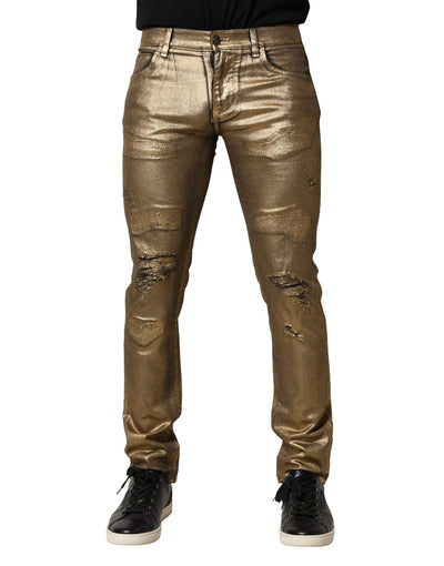 Dolce &amp; Gabbana Gold Tattered Cotton Stretch Slim Denim Jeans