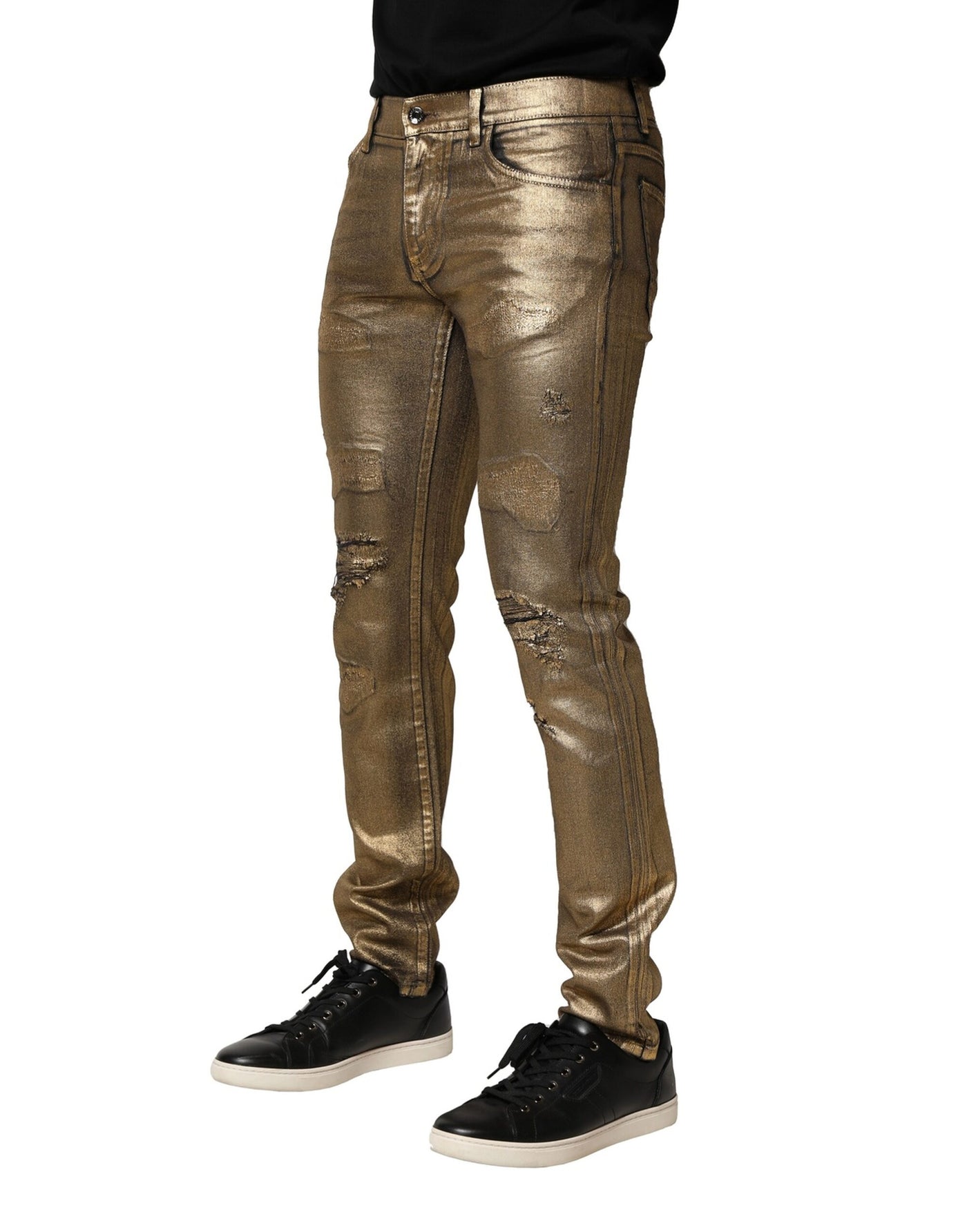 Dolce &amp; Gabbana Gold Tattered Cotton Stretch Slim Denim Jeans