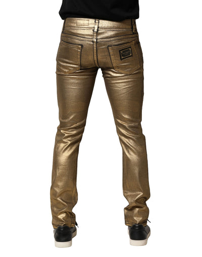 Dolce &amp; Gabbana Gold Tattered Cotton Stretch Slim Denim Jeans