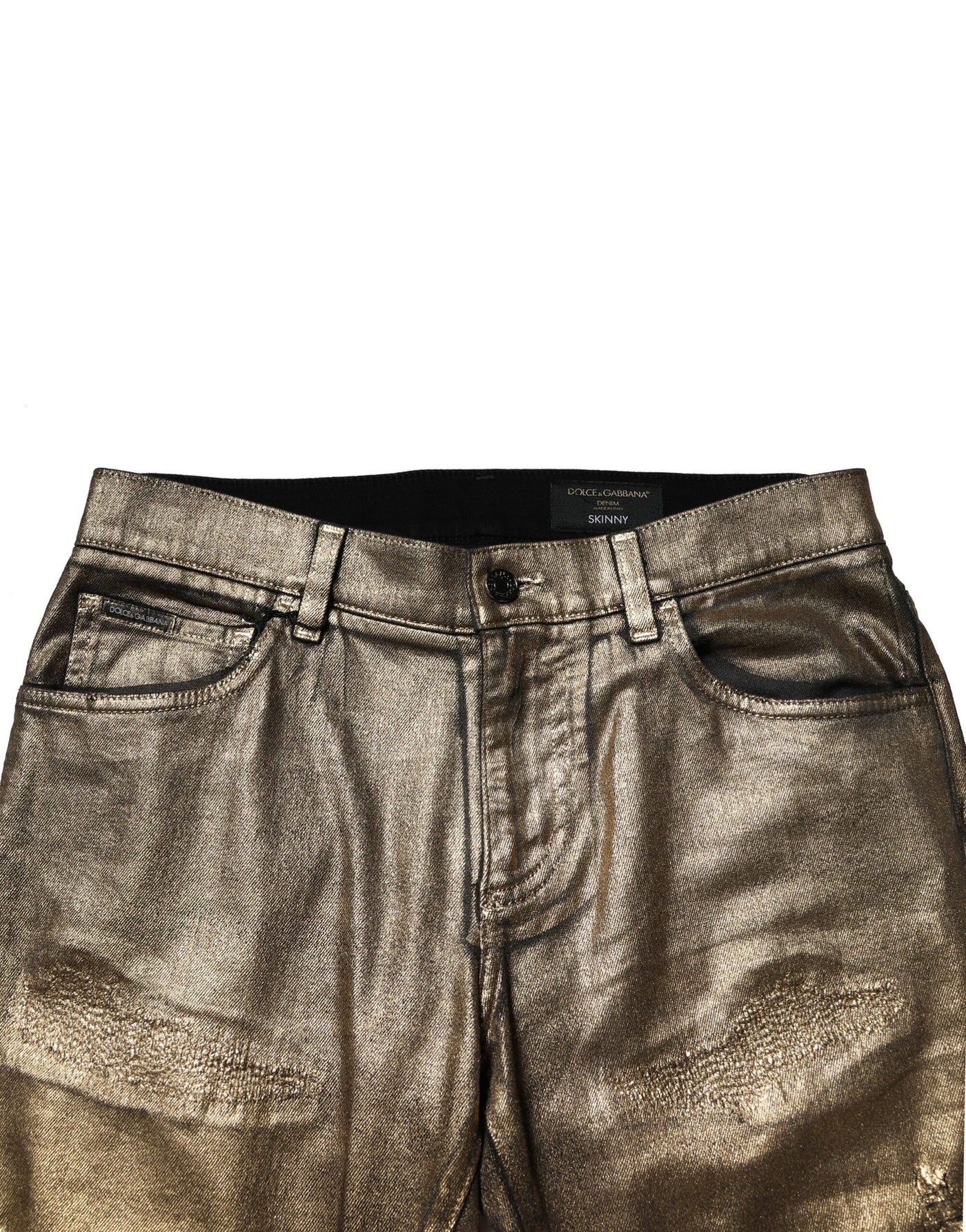 Dolce &amp; Gabbana Gold Tattered Cotton Stretch Slim Denim Jeans