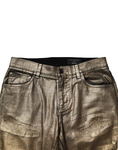 Dolce &amp; Gabbana Gold Tattered Cotton Stretch Slim Denim Jeans