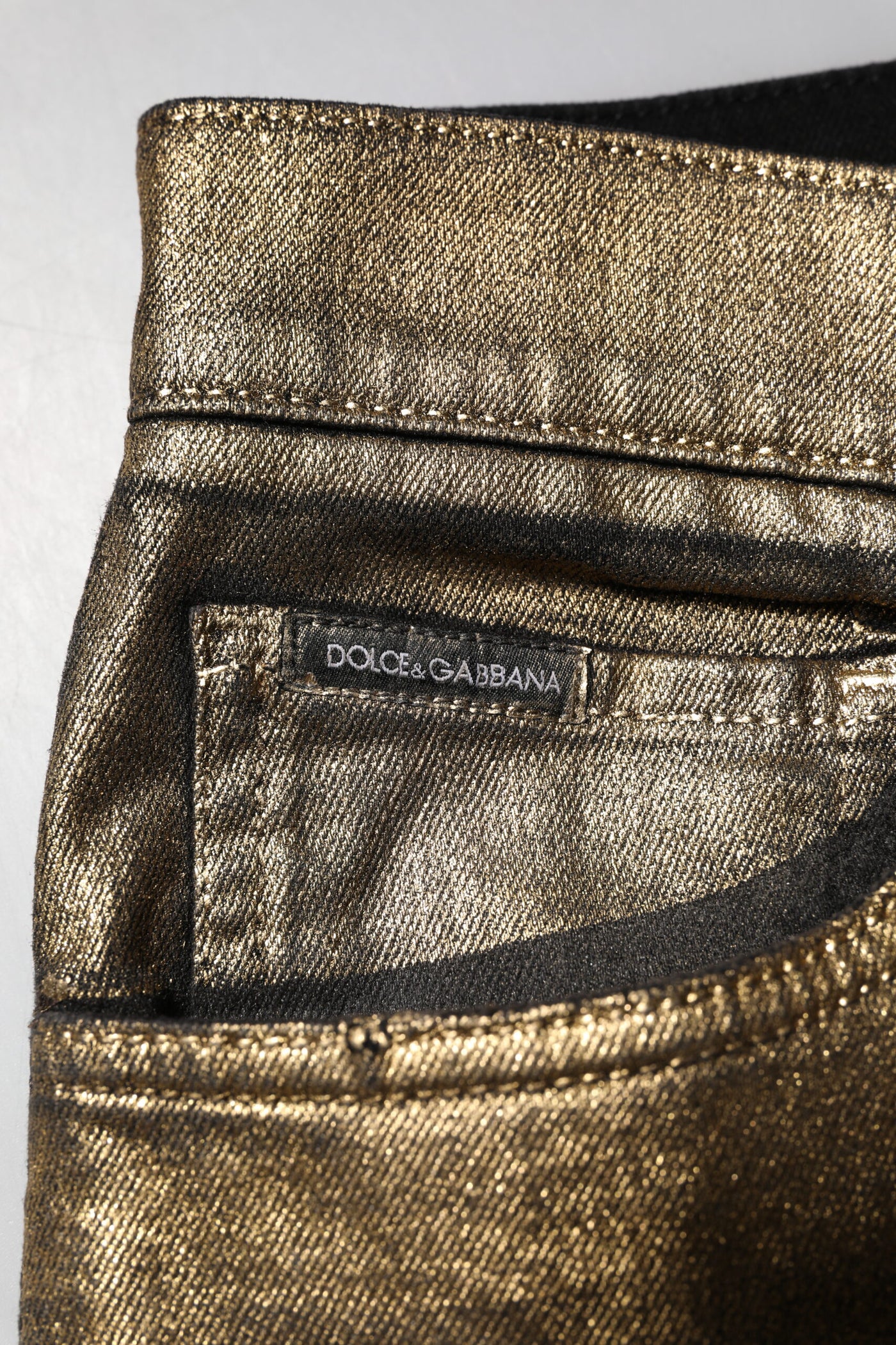 Dolce &amp; Gabbana Gold Tattered Cotton Stretch Slim Denim Jeans