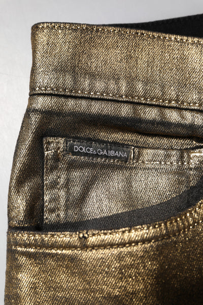 Dolce &amp; Gabbana Gold Tattered Cotton Stretch Slim Denim Jeans