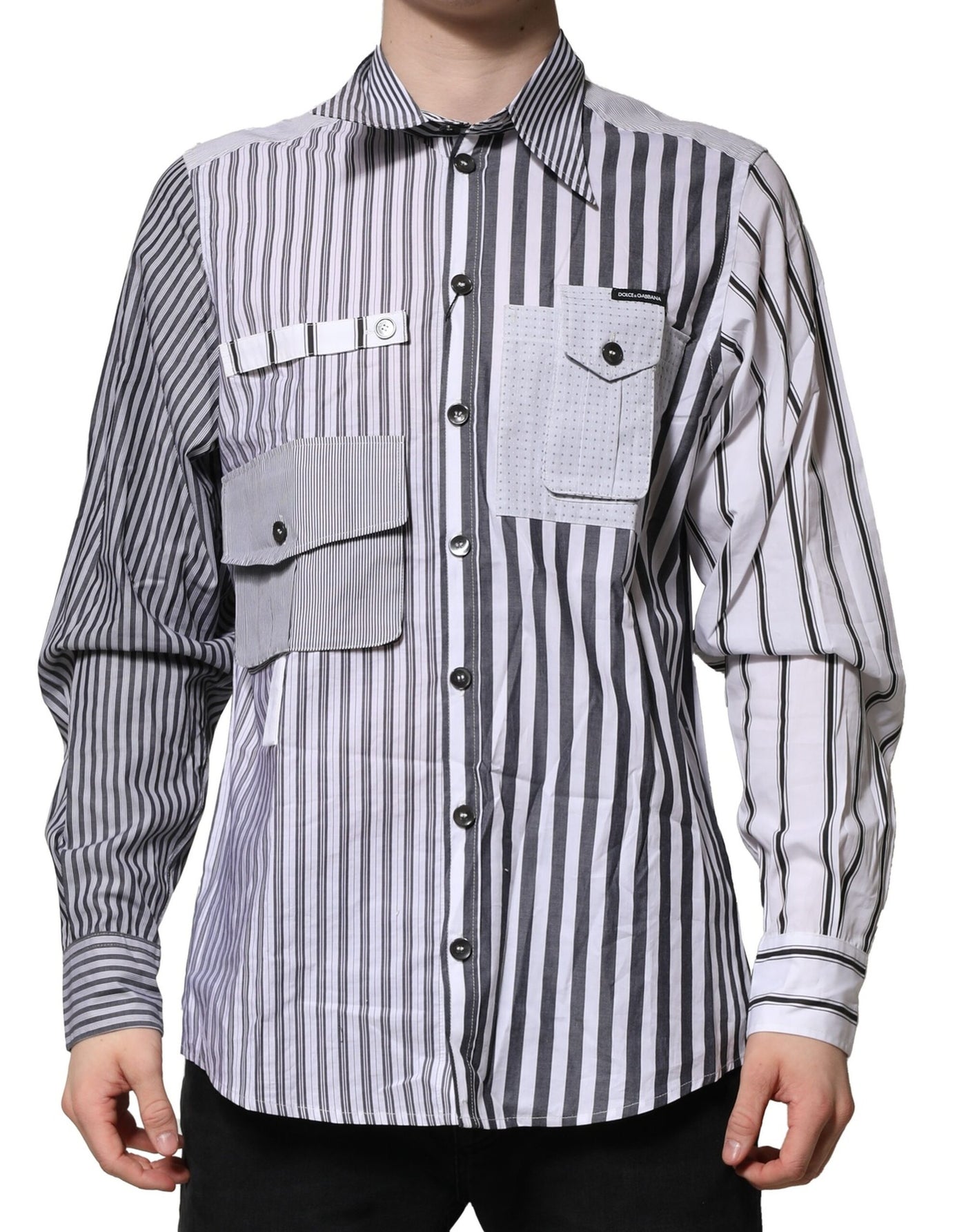 Dolce &amp; Gabbana Wit Grijs Gestreept Katoenen Heren Casual Overhemd
