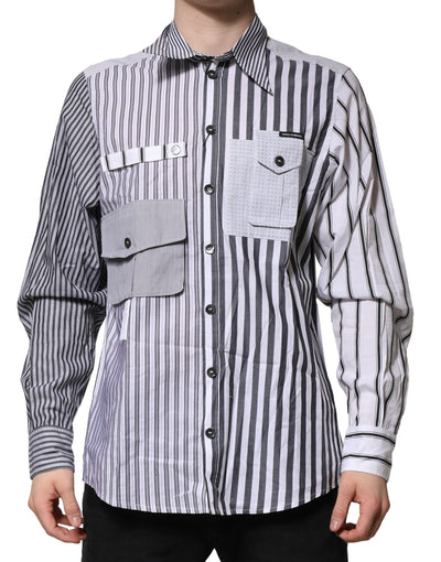 Dolce &amp; Gabbana Wit Grijs Gestreept Katoenen Heren Casual Overhemd