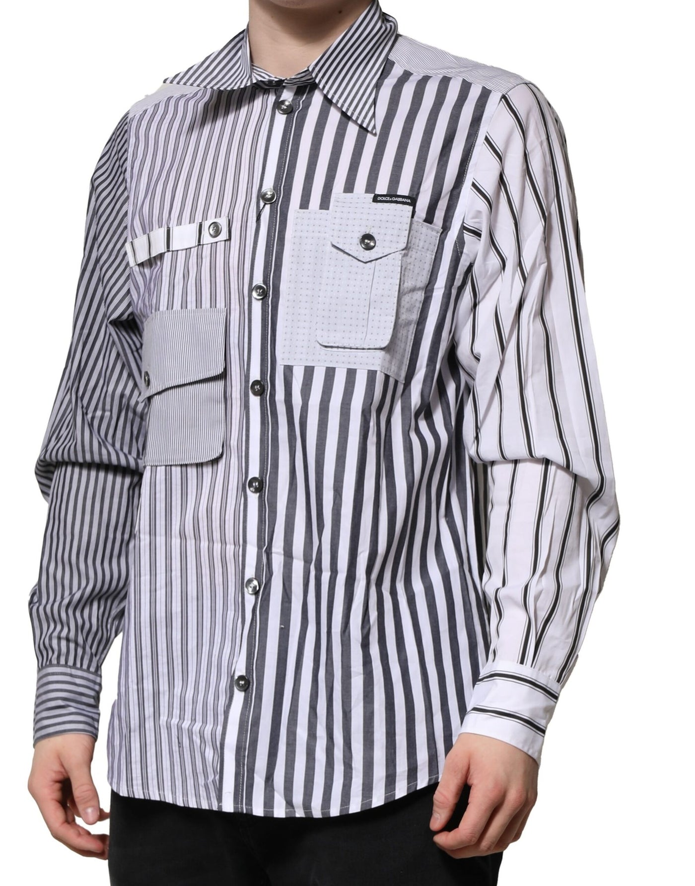 Dolce &amp; Gabbana Wit Grijs Gestreept Katoenen Heren Casual Overhemd
