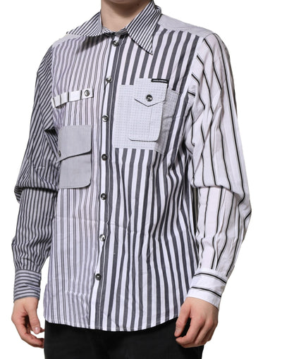 Dolce &amp; Gabbana Wit Grijs Gestreept Katoenen Heren Casual Overhemd