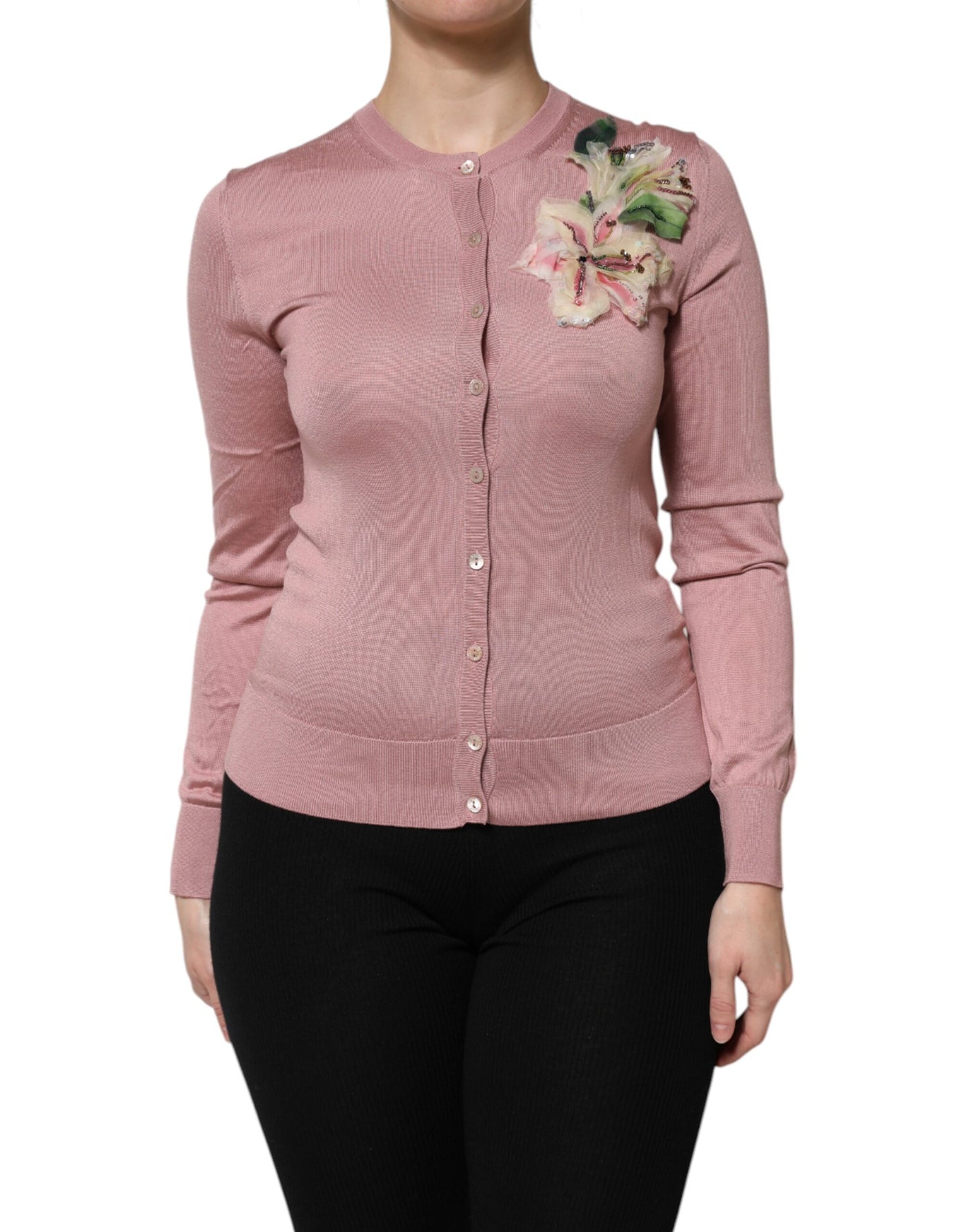 Pull cardigan boutonné en tricot de soie rose Dolce &amp; Gabbana