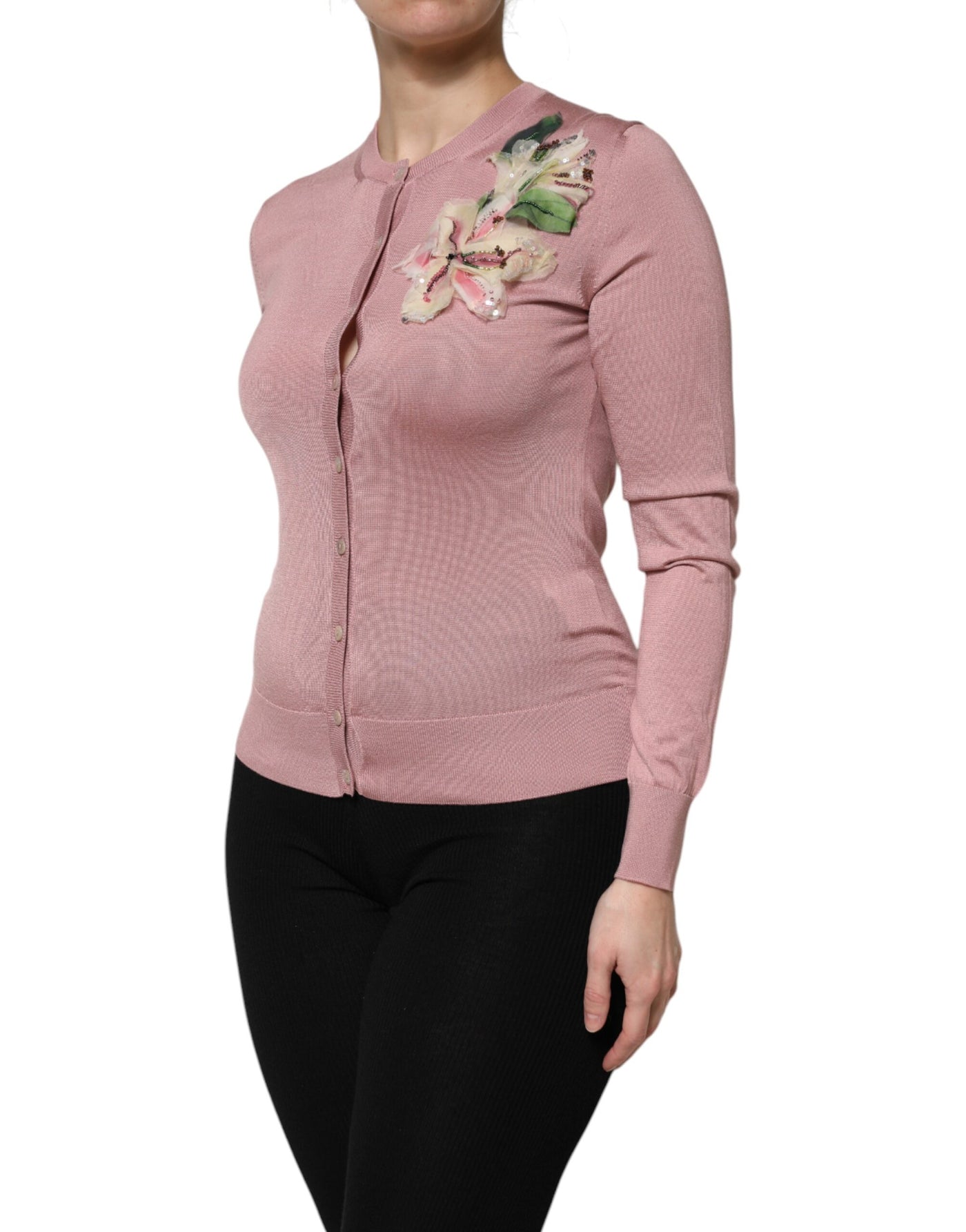 Pull cardigan boutonné en tricot de soie rose Dolce &amp; Gabbana
