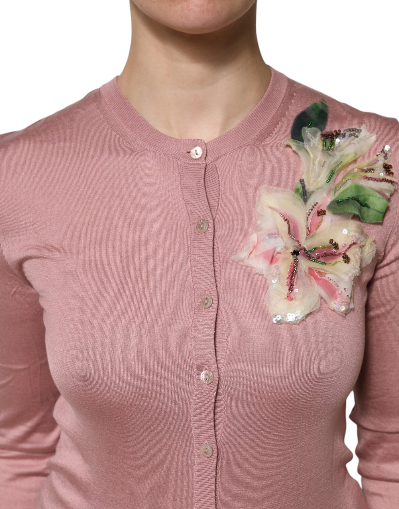 Pull cardigan boutonné en tricot de soie rose Dolce &amp; Gabbana