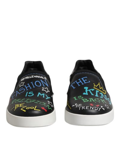 Dolce &amp; Gabbana Zwarte Leren Sneakers met Graffiti en Studs