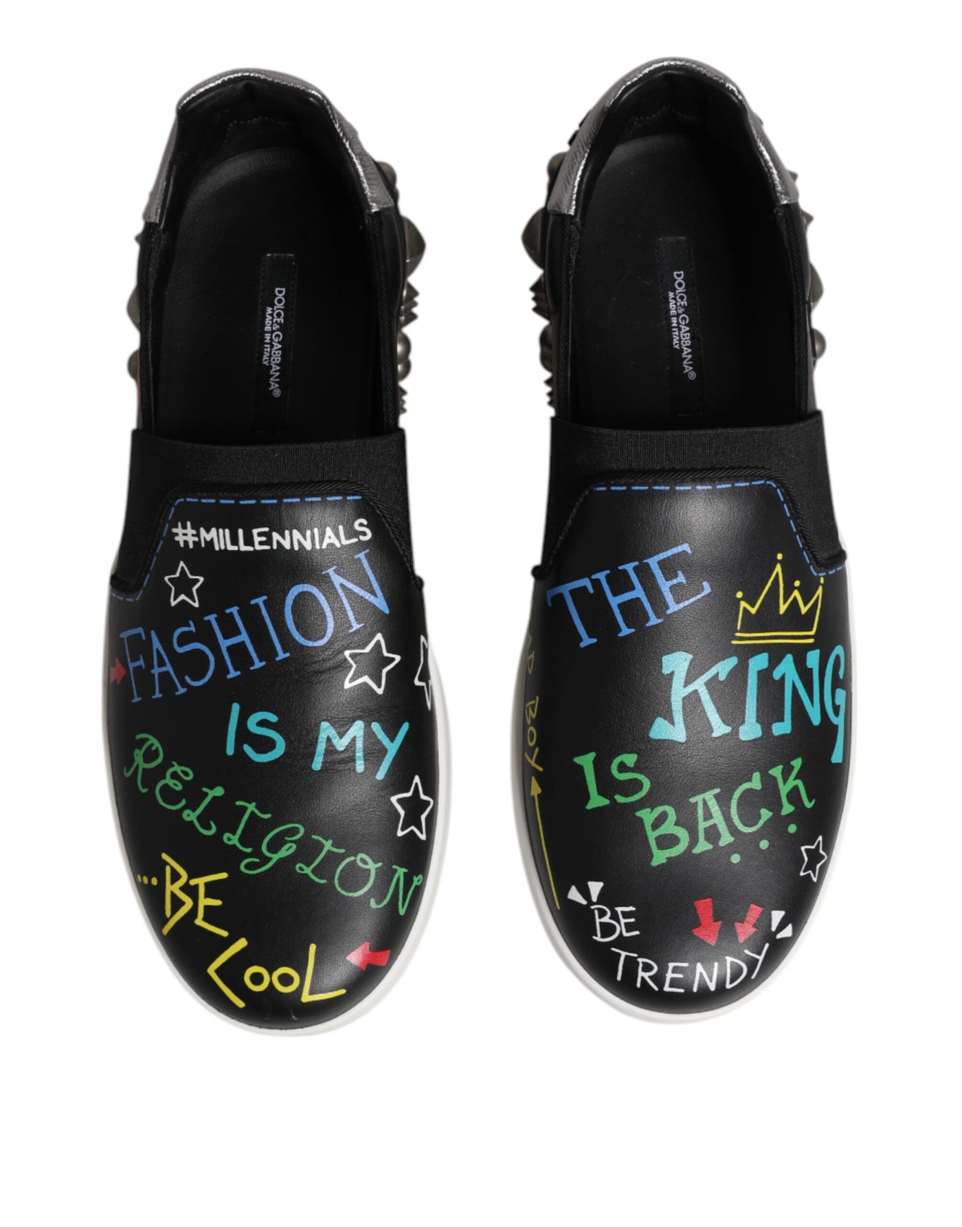 Dolce &amp; Gabbana Zwarte Leren Sneakers met Graffiti en Studs