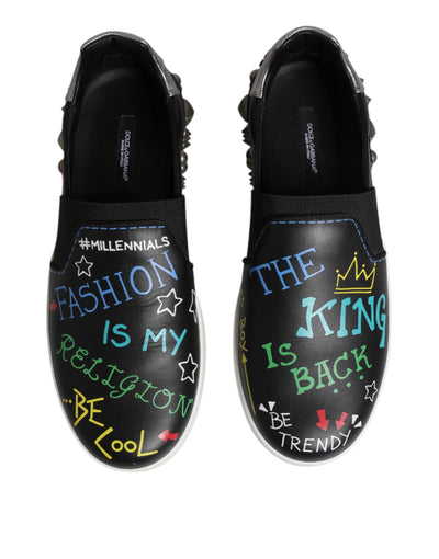 Dolce &amp; Gabbana Zwarte Leren Sneakers met Graffiti en Studs