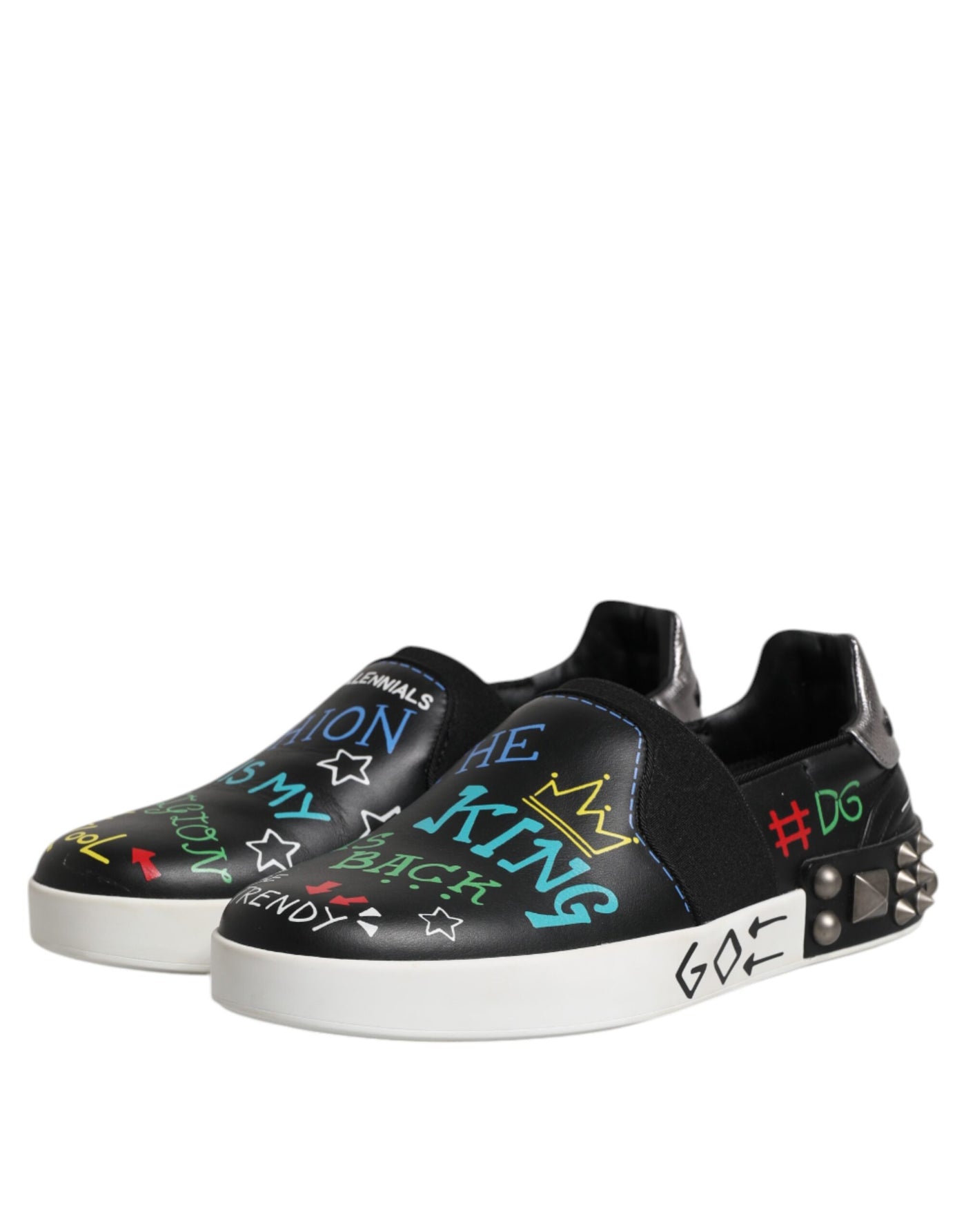 Dolce &amp; Gabbana Zwarte Leren Sneakers met Graffiti en Studs