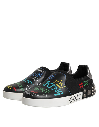 Dolce &amp; Gabbana Zwarte Leren Sneakers met Graffiti en Studs