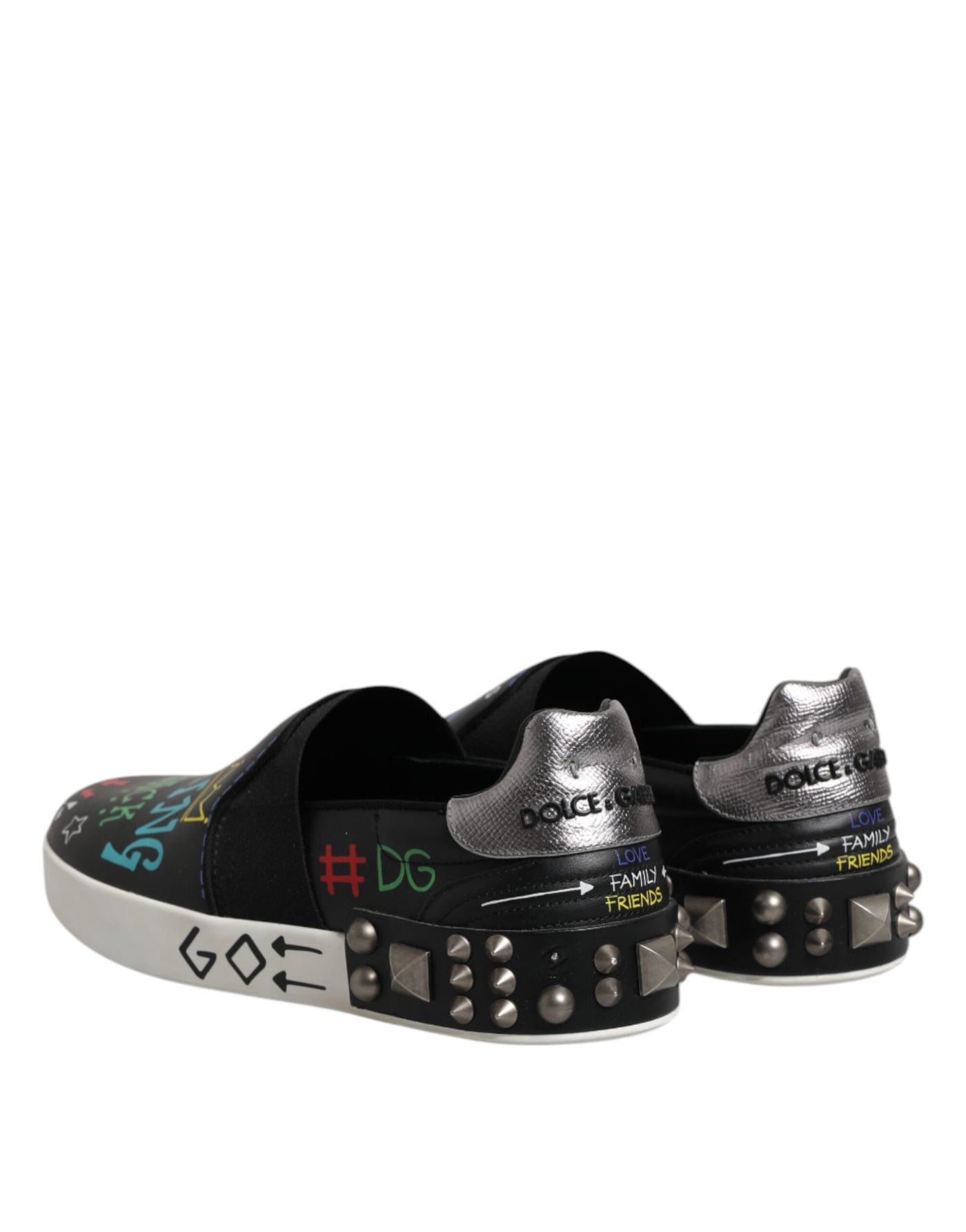 Dolce &amp; Gabbana Zwarte Leren Sneakers met Graffiti en Studs