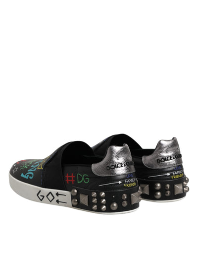Dolce &amp; Gabbana Zwarte Leren Sneakers met Graffiti en Studs