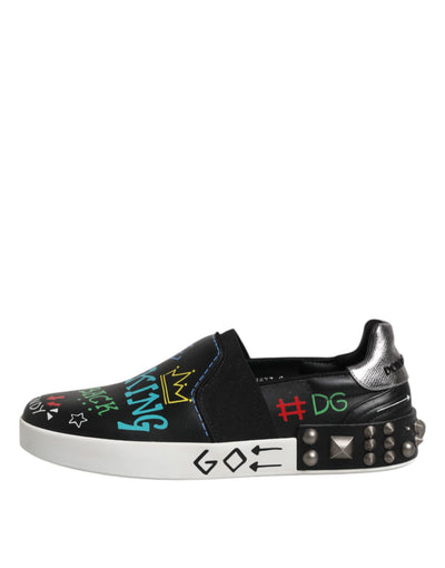 Dolce &amp; Gabbana Zwarte Leren Sneakers met Graffiti en Studs