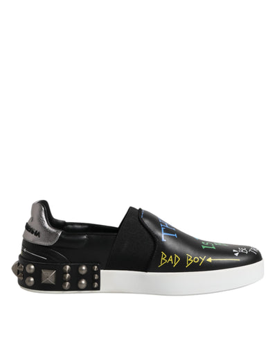 Dolce &amp; Gabbana Zwarte Leren Sneakers met Graffiti en Studs