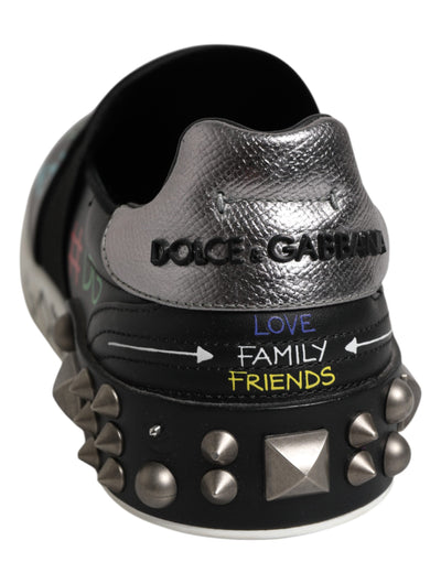Dolce &amp; Gabbana Zwarte Leren Sneakers met Graffiti en Studs