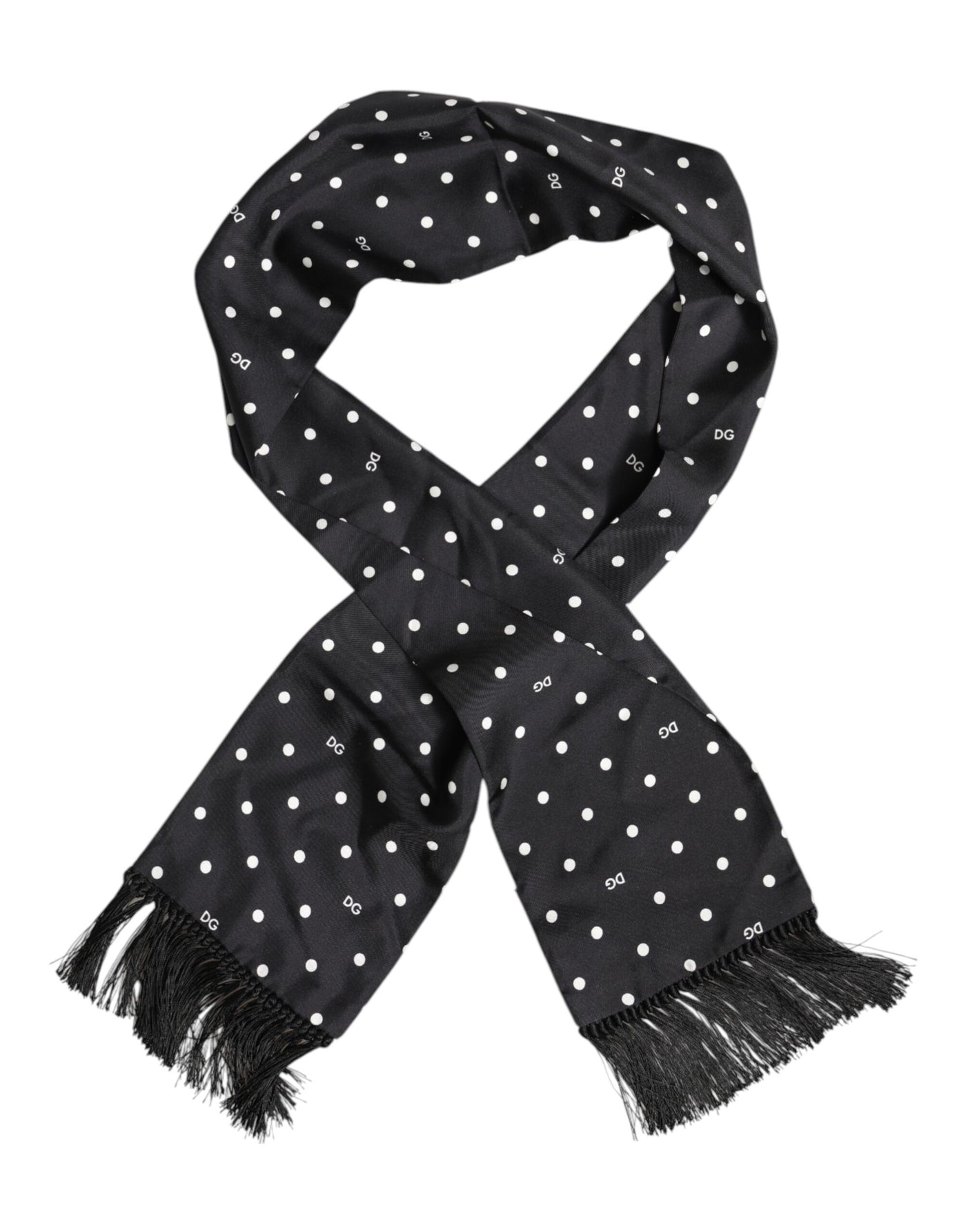 Dolce &amp; Gabbana Zwart Wit Polka Dot Fringes Foulard Sjaal