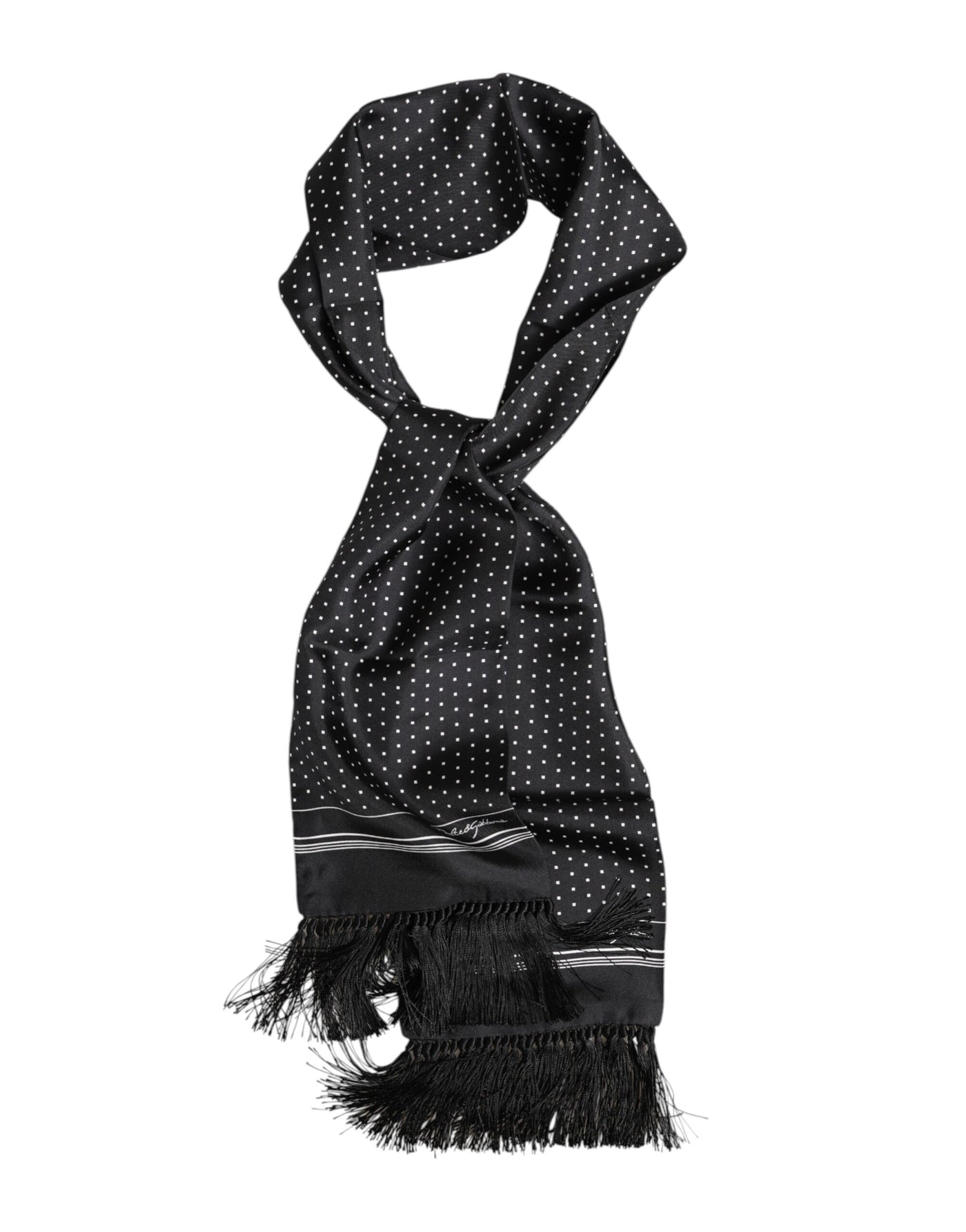 Dolce &amp; Gabbana Zwart Wit Polka Dot Fringes Foulard Sjaal