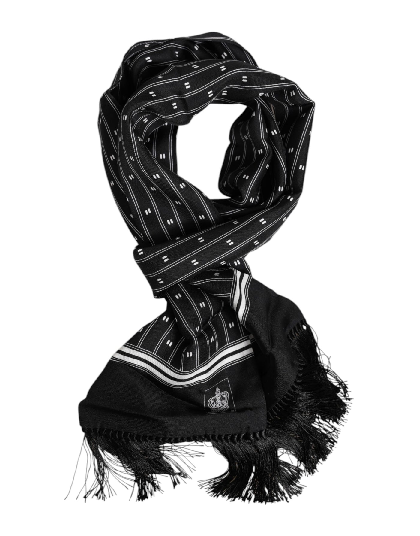 Dolce &amp; Gabbana Zwarte Zijden Bedrukte Franjes Heren Foulard Sjaal