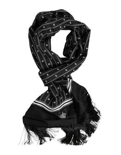 Dolce &amp; Gabbana Zwarte Zijden Bedrukte Franjes Heren Foulard Sjaal