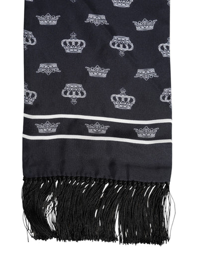 Dolce &amp; Gabbana Zwarte Zijden Kroon Fringes Heren Foulard Sjaal