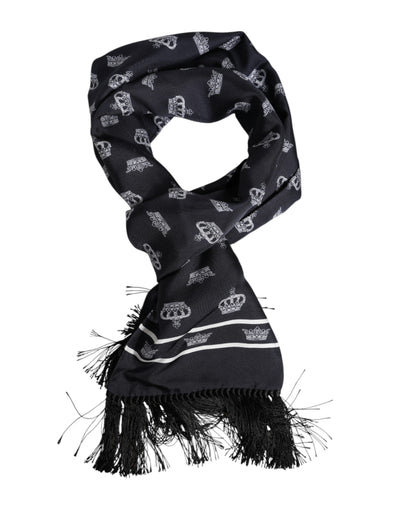 Dolce &amp; Gabbana Zwarte Zijden Kroon Fringes Heren Foulard Sjaal