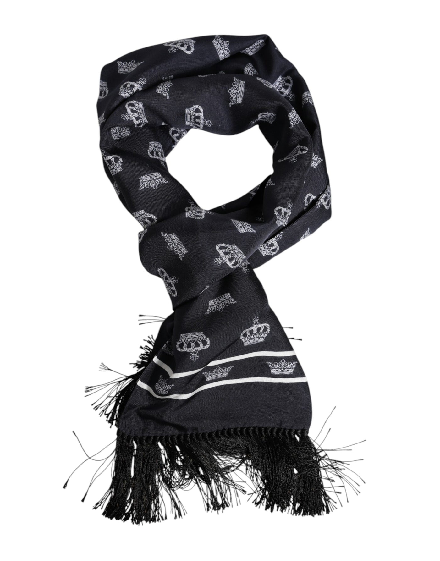 Dolce &amp; Gabbana Zwarte Zijden Kroon Fringes Heren Foulard Sjaal