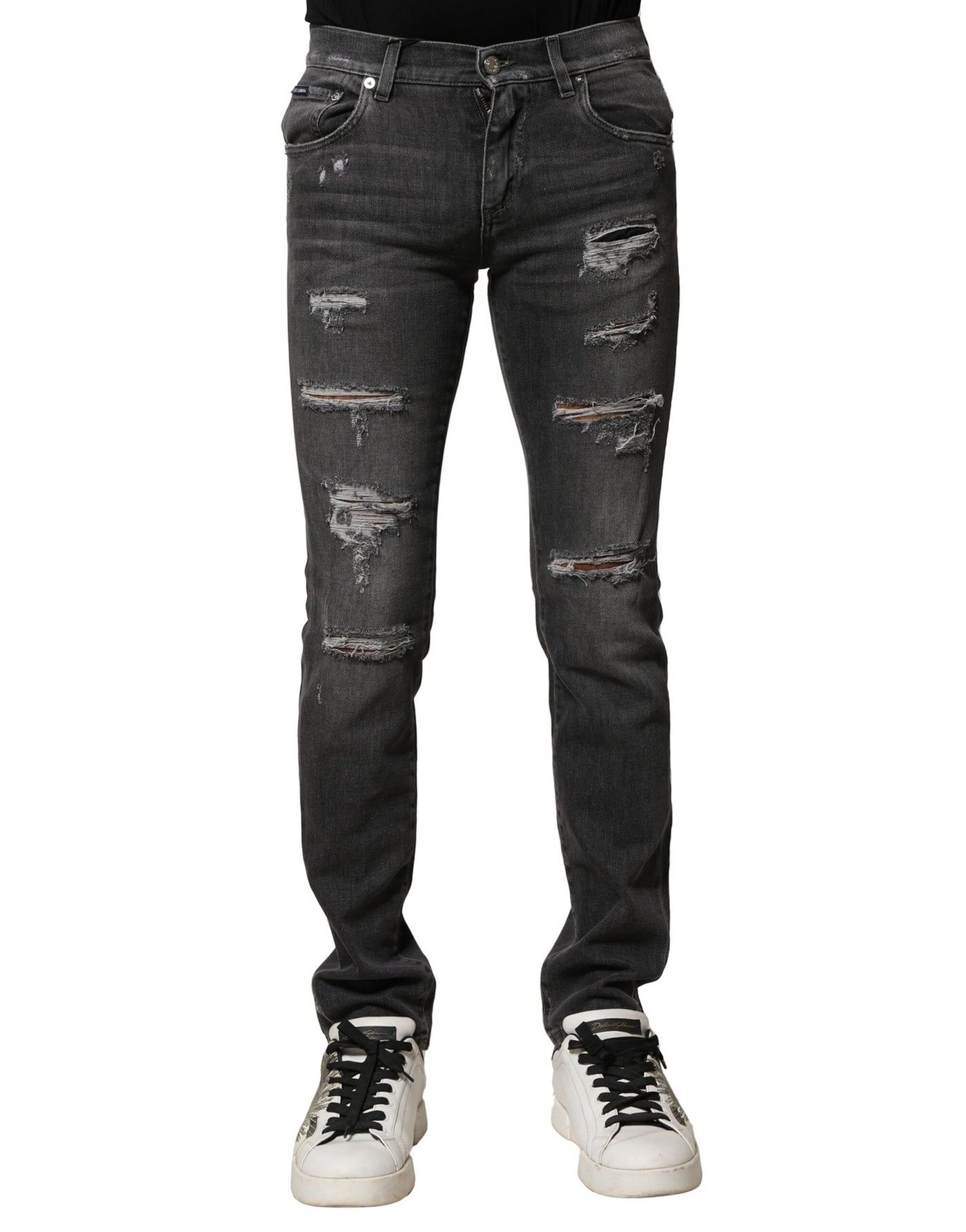 Dolce &amp; Gabbana Zwart Gewassen Gescheurde Slim Fit Denim Jeans