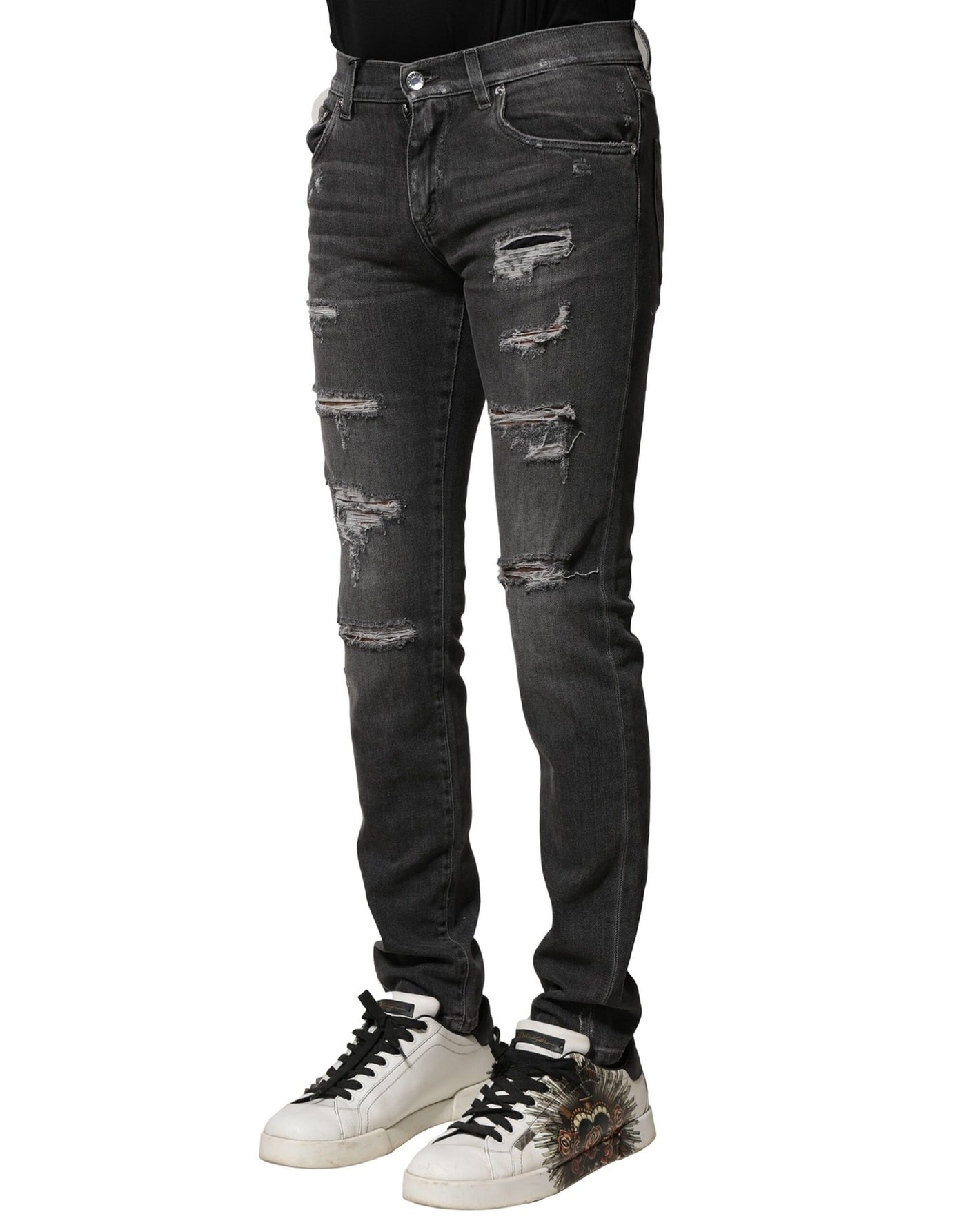 Dolce &amp; Gabbana Zwart Gewassen Gescheurde Slim Fit Denim Jeans