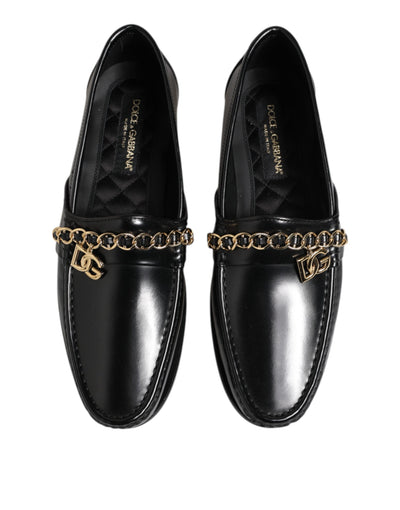 Dolce & Gabbana Black Leather Chain Slip On Loafers Men Dress Shoes