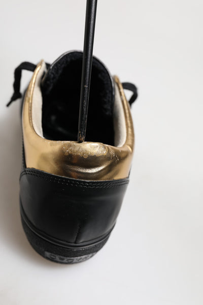 Leather Crown Black Gold Lace Up Low Top Women Sneakers Shoes