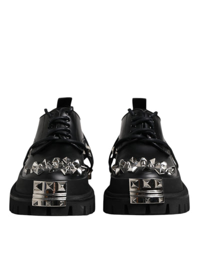 Dolce &amp; Gabbana Zwarte Leren Versierde Trekking Derby Schoenen