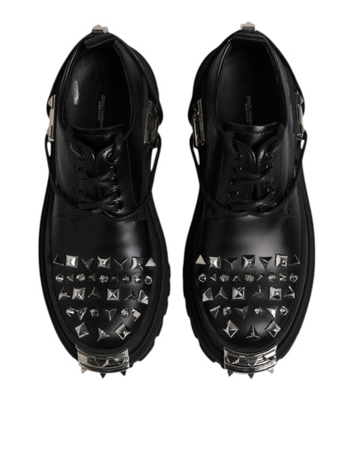 Dolce &amp; Gabbana Zwarte Leren Versierde Trekking Derby Schoenen